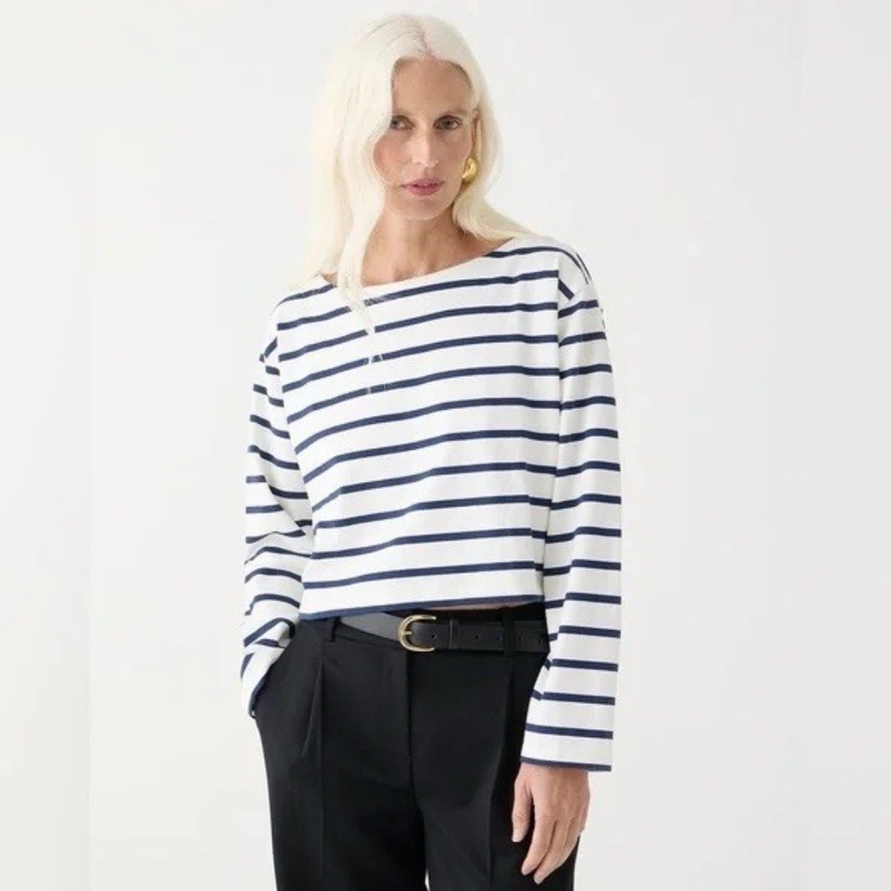 J Crew Cropped Boatneck T Shirt in Mariniére Cotton SZ Small - NWOT